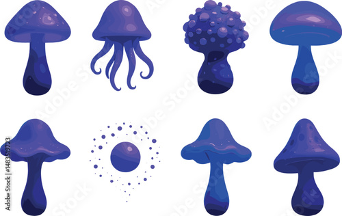 Alien bioluminescent mushrooms icons set – 3d, glowing fungi and fantasy symbols