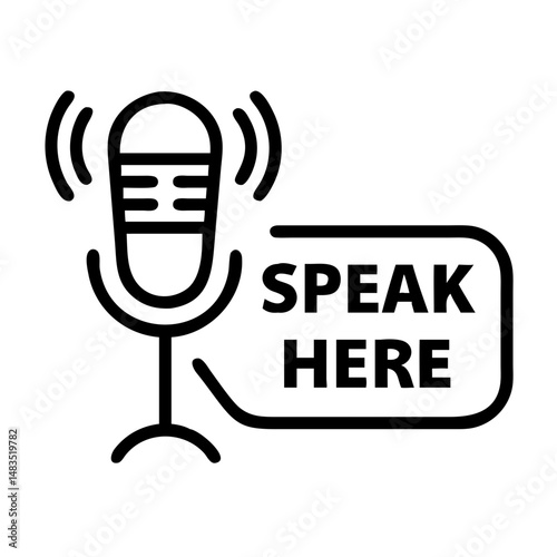Microphone icon with speech bubble saying 