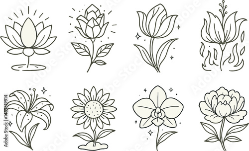 Fantasy floral icons set – outline, botanical and nature-themed graphic symbols