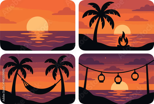 Summer sunset silhouette icons set – simple beach and tropical scene graphics