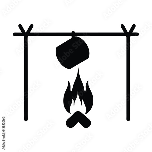 Campfire Cooking Pot Hanging over Open Flames Simple Black Icon Illustration