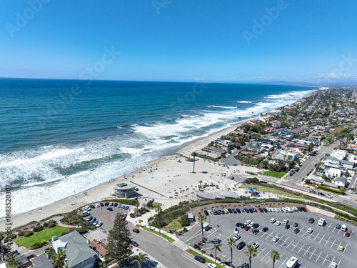 Aerial view of wealthy Encinitas town with blue ocean in San Diego, South California, USA. 