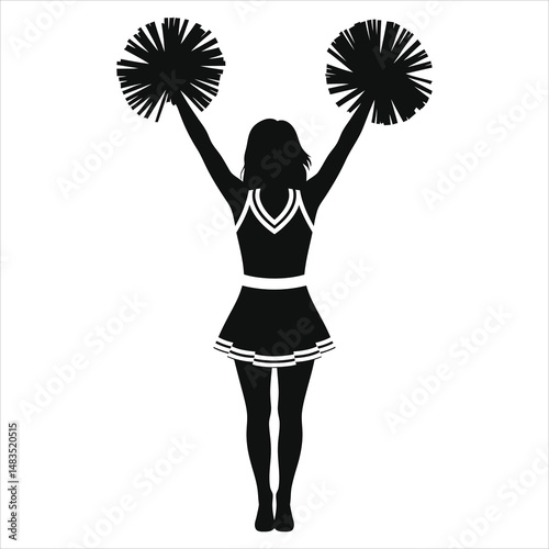 Cheerleader Vector Silhouette with Pom Poms/A strong, dynamic silhouette of a cheerleader, raising her pom-poms.