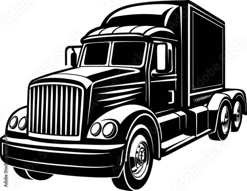 The Freight Transporter: A detailed, graphic representation of a semi-trailer truck, poised for long hauls and delivering goods. This monochrome depiction emphasizes its strength and purpose.