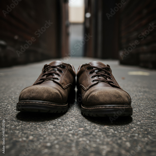 Brown shabby shoes, standing on the sidewalk in a dingy alleyway

Brown shoes with laces, left on the sidewalk in a narrow city alley