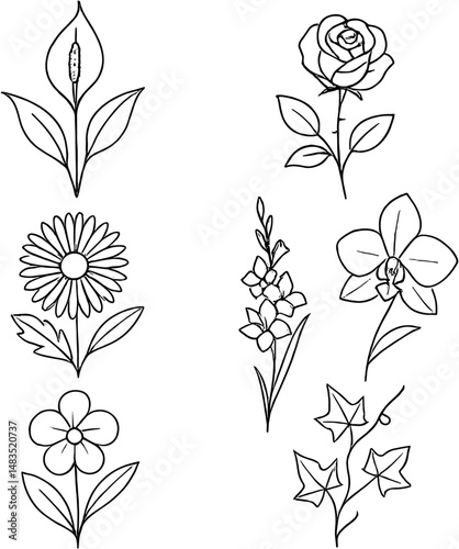 Funeral floral symbols icons set – outline, simple and elegant memorial graphics