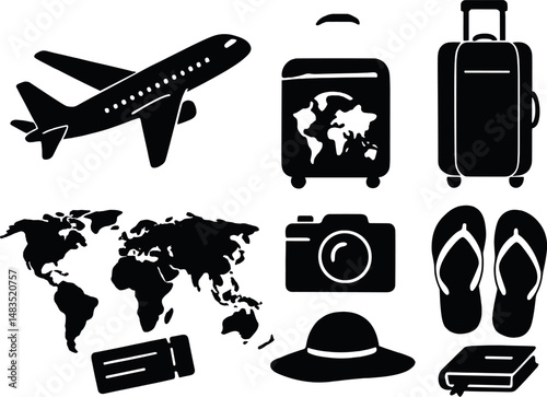 Travel and tourism silhouette icons set – black, vacation and journey essentials