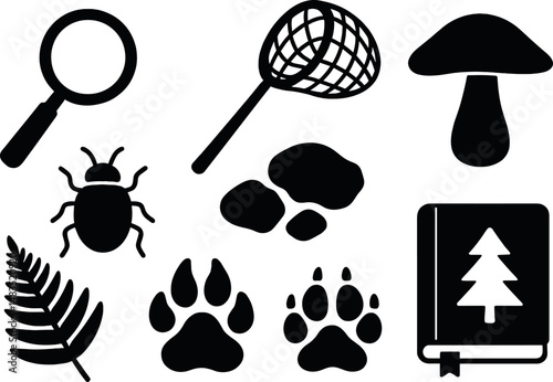 Nature exploration silhouette icons set – simple camping and outdoor activity symbols