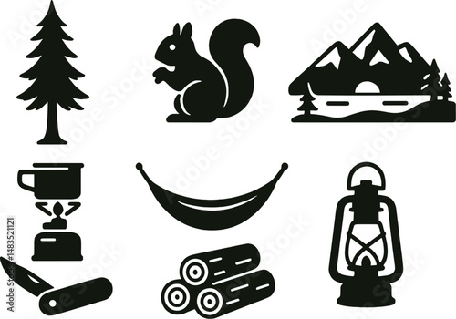 Forest camp essentials icons set - silhouette, outdoor, adventure and nature symbols