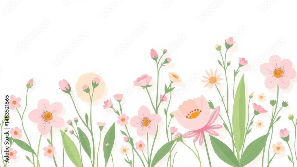 Fototapeta premium Pastel spring floral pattern on white, angled sunlight