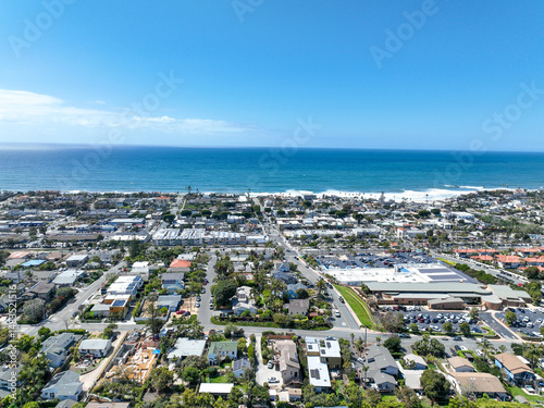 Aerial view of wealthy Encinitas town with blue ocean in San Diego, South California, USA. 