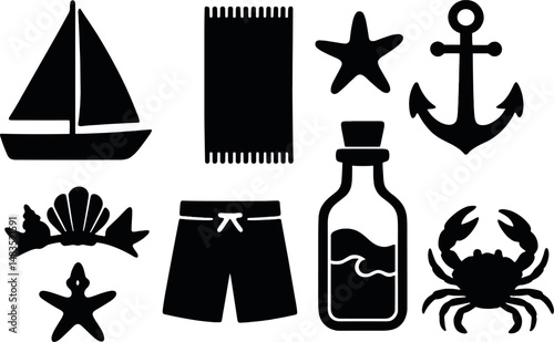 Ocean adventure silhouette icons set – simple marine and nautical symbol collection