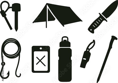 Wilderness survival silhouette icons set – simple camping and outdoor adventure symbols