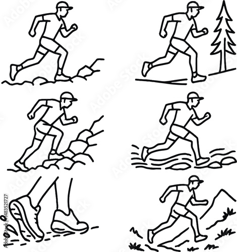 Trail running icons set – outline, adventure and outdoor fitness symbols