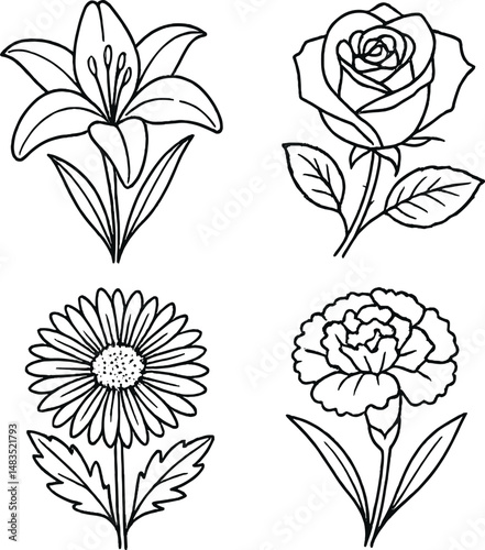 Traditional funeral flowers icons set – outline, floral and mourning design graphics