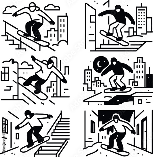 Urban snowboarding icons set – silhouette, cityscape and extreme sport symbols