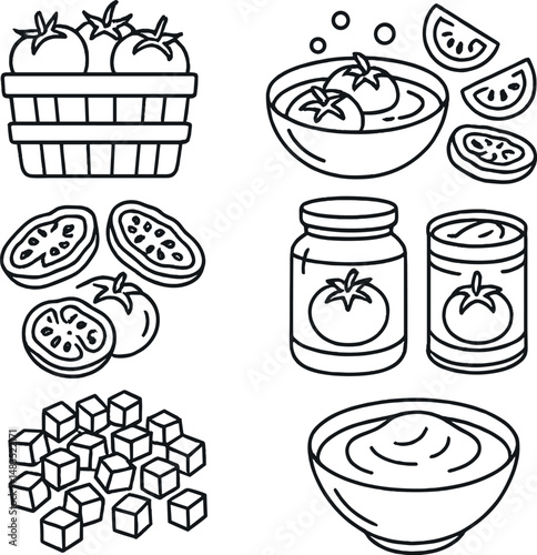 Tomato processing icons set – line, food preparation and preservation symbols