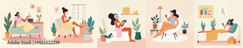 Relaxing Self-Care Routine of Women at Home with Facial Mask and Hot Drink