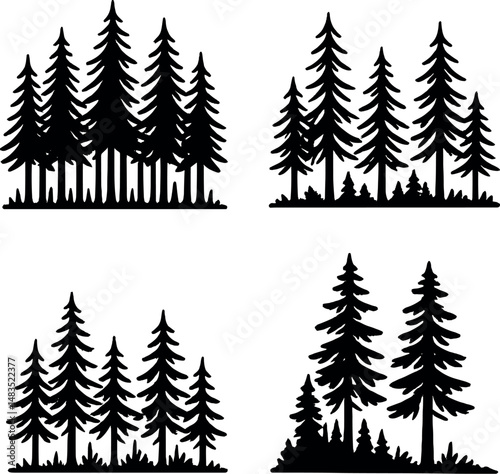 Pine tree silhouettes icons set – silhouette, forest and nature symbol designs