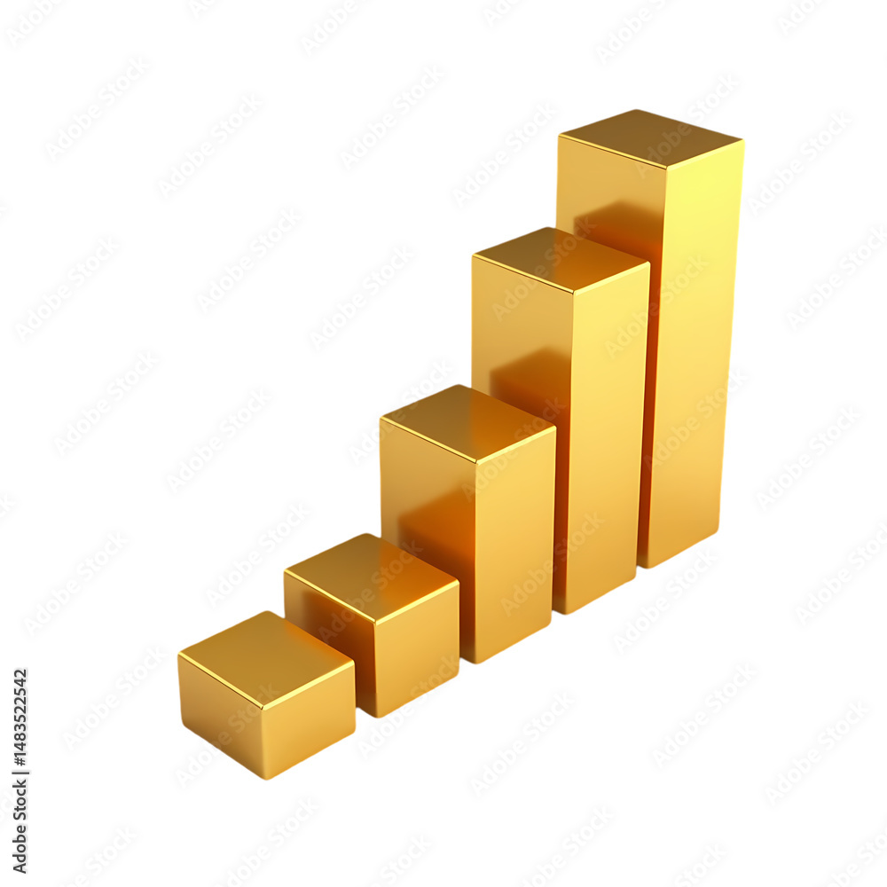 Fototapeta premium A golden bar graph showing an upward trend in a three d render isolated on transparent background