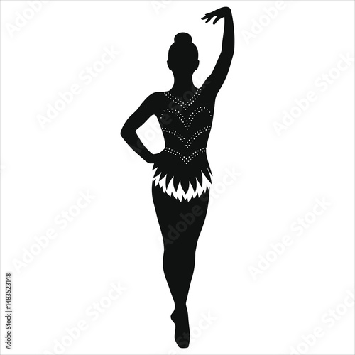 Graceful Rhythmic Gymnastics (: Gymnastics leotard-dress hybrid )Vector Silhouette of a Female Athlete/A captivating silhouette of a young female gymnast in a rhythmic gymnastics outfit.