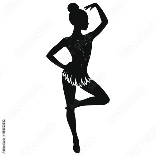 Graceful Rhythmic Gymnastics (Gymnastics leotard-dress hybrid) Vector Silhouette of a Young Woman/A striking silhouette of a young woman performing rhythmic gymnastics.