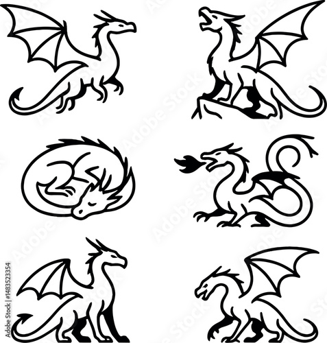Classic dragon silhouettes icons set – simple, legendary mythical creature designs
