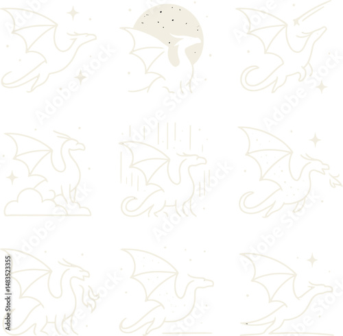 Celestial dragon icons set – silhouette, mythical and fantasy creature symbols