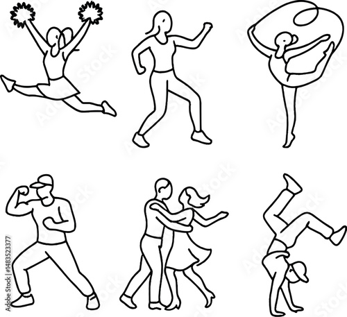 Dynamic dance silhouettes icons set – simple, expressive, movement symbols