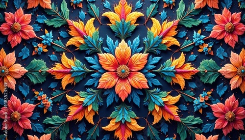 Intricate floral motif within a repeating hexagon pattern, modern, hexagon, repeat