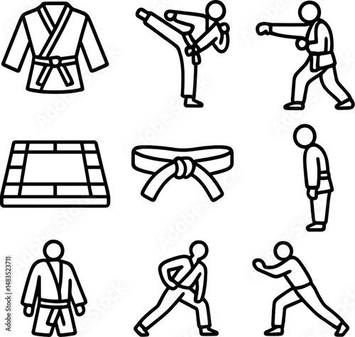 Martial arts icons set – outline, fighting and combat sports symbol collection