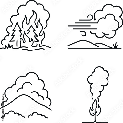Wildfire smoke icons set – outline, environmental and nature disaster symbols