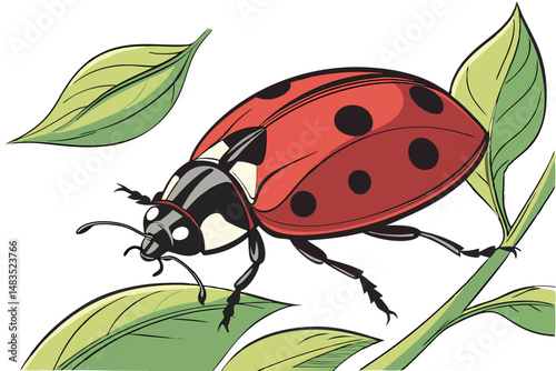121 detailed colorful illustration, realistic 3d ladybug insect, glossy shell, antennae, legs, wings, green leaves, vibrant natural colors, intricate details, digital artwork, high resolution