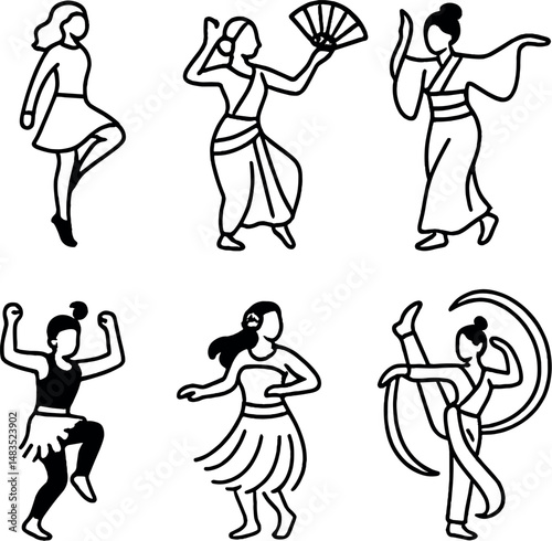 Cultural dance icons set – silhouette, traditional and ethnic movement designs