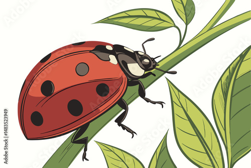 121 detailed colorful illustration, realistic 3d ladybug insect, glossy shell, antennae, legs, wings, green leaves, vibrant natural colors, intricate details, digital artwork, high resolution