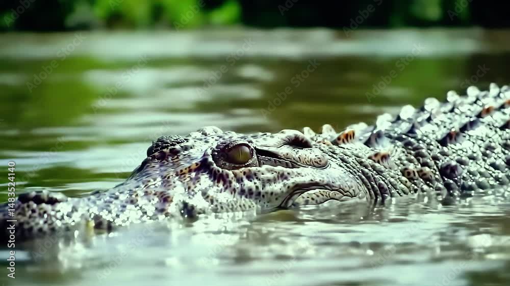 Majestic crocodile gliding through calm waters of the river at sunset Majestic crocodile gliding through calm waters of the river at sunset