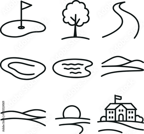 Golf silhouette icons set – linear, minimalist and simple course design outlines