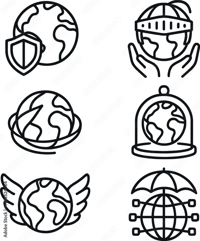 Earth protection icons set – outline, environmental and conservation symbols Earth protection icons set – outline, environmental and conservation symbols