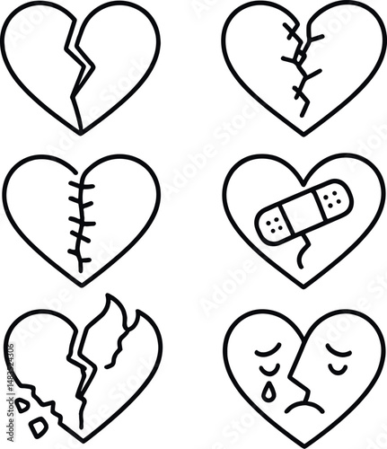 Heartbreaker icons set – line style, broken heart and emotional symbols