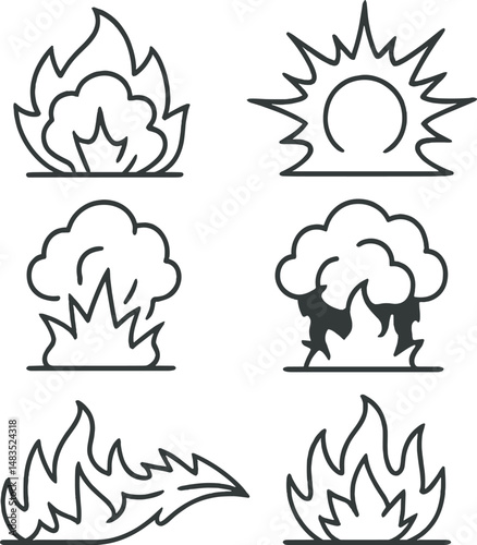 Dynamic fire explosions icons set – outline, flame and blast symbols