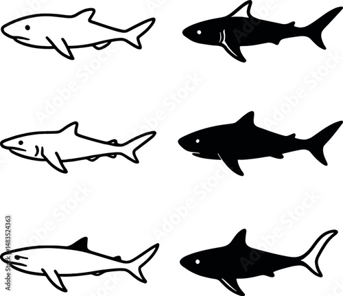 Deep sea sharks silhouette icons set – marine and ocean predator symbols