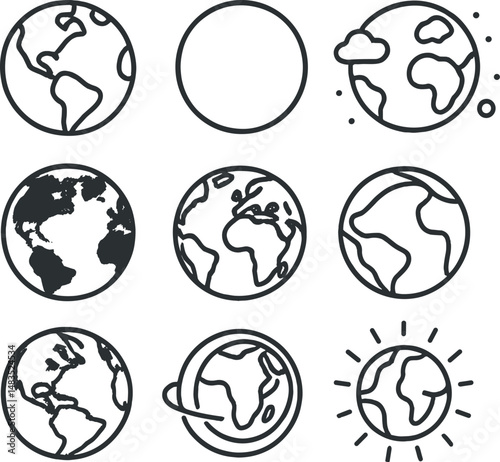 Earth and planet outline icons set – linear, globe and world representation symbols