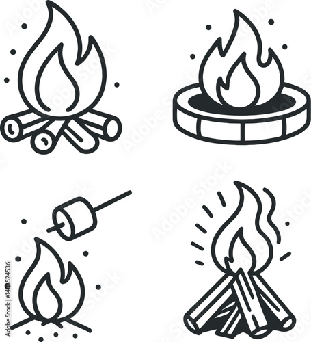 Minimalist campfire icons set – outline, simple and camping fire symbols