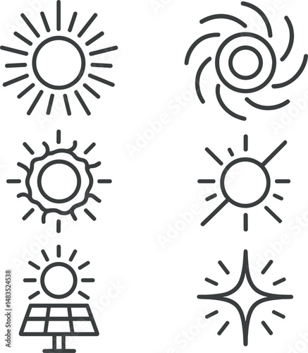 Sun energy icons set – outline, solar power and renewable energy symbols