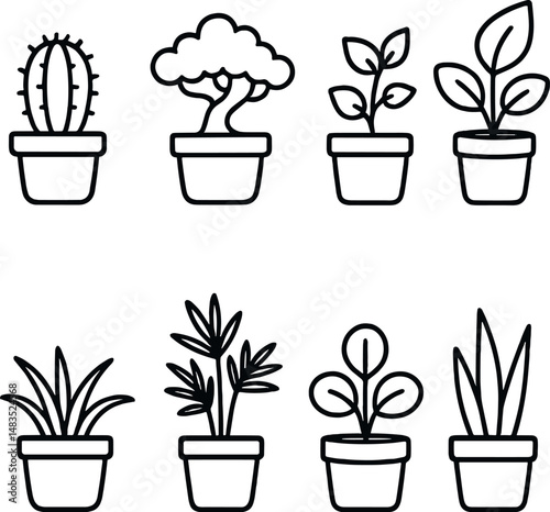 Mini potted plants icons set – outline, nature and botanical symbols for design