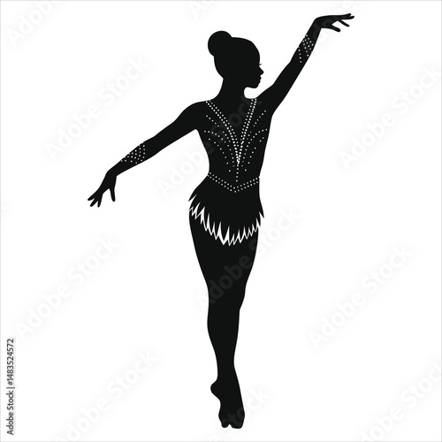 Graceful Rhythmic Gymnastics ( Gymnastics leotard-dress hybrid ) Vector Silhouette of a Young Athlete./A captivating silhouette of a young rhythmic gymnast in mid-performance.
