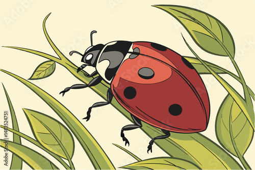121 detailed colorful illustration, realistic 3d ladybug insect, glossy shell, antennae, legs, wings, green leaves, vibrant natural colors, intricate details, digital artwork, high resolution