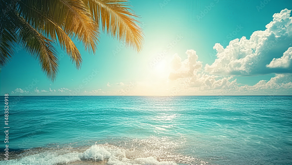 Fototapeta premium Mystique summertime vibes background highlights the beauty of sea sand water sun and beach in stark contrast to create a vibrant tropical setting with copyspace.