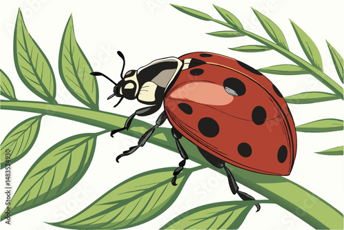 121 detailed colorful illustration, realistic 3d ladybug insect, glossy shell, antennae, legs, wings, green leaves, vibrant natural colors, intricate details, digital artwork, high resolution