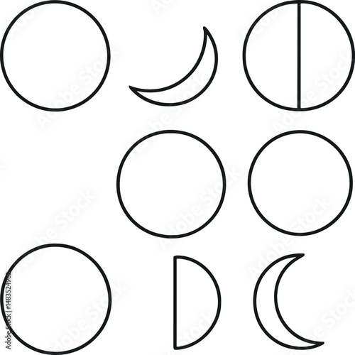 Moon phases icons set – outline, lunar cycle and celestial symbols collection